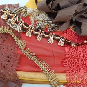 Peut inclure: Assortiment de galons et de rubans en dentelle de couleur marron, or et rouge. Les galons sont disposés sur un fond de tissu rouge.