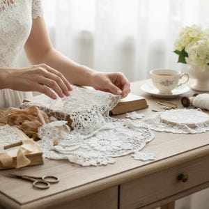 Könnte beinhalten: Eine Sammlung weißer Spitzendeckchen und Stoffborten mit komplizierten Blumen- und Kreismustern. Das Set enthält einen kleinen Stickrahmen mit Spitze, eine Metallschere und einen Stapel Bücher auf einer hölzernen Oberfläche.