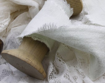Very old water green cotton ribbon, more than 100 years old; hand-dyed, old hand-frayed fabrics, light green ribbon
