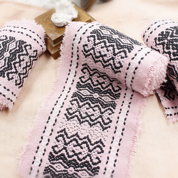 Large bande de tissu en laine, tissu effiloché à la main, tissu rose et noir, tissu vintage, tissus anciens, robe, pull,