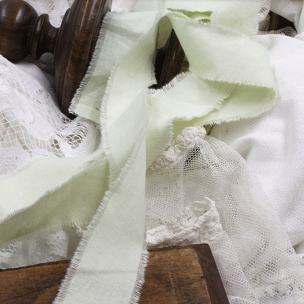 Ruban vert glacé en satin ,ruban fin effiloché à la main, Ruban de mariage avec bord brut,ruban tissu ancien,