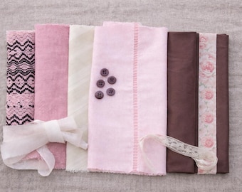 Pink vintage fabric bundle for slow stitching, hand sewing kit with ribbons lace and buttons, textile collage supplies, junk journal