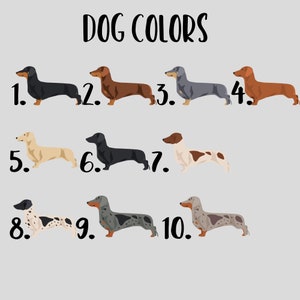 May include: Illustration of ten dachshund dogs in different colors, numbered 1 through 10. The dogs are all facing right and are in a row. The text "DOG COLORS" is at the top of the image.