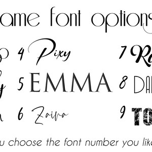 May include: Nine different font styles are shown with the names Bingo, Pixy, Rover, Lilly, EMMA, DANTE, Mulan, Zaipa, and TONNY. The text says "Name font options: you choose the font number you like".