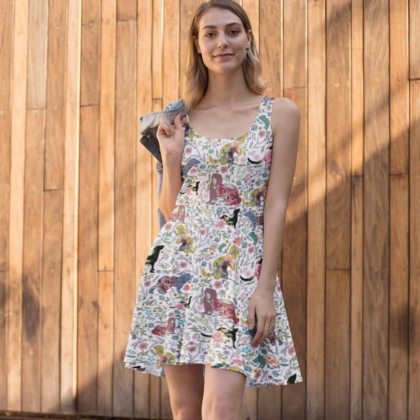 Cute ferret Skater Dress, Spring flowers and ferrets