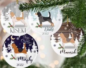 Aangepaste beagle kerst ornament, gepersonaliseerde beagle hond herdenkingscadeau, citroen &wit, bluetick beagle