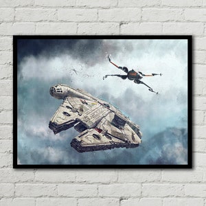 Puede incluir: Una nave espacial blanca y gris con un caza TIE negro y naranja volando sobre ella en un cielo nublado. La nave espacial está en primer plano y el caza TIE está en el fondo.