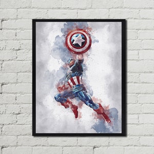 Può includere: Un dipinto ad acquerello di Capitan America in volo, che lancia il suo scudo. Indossa il suo iconico costume rosso, bianco e blu. Lo sfondo è un morbido acquerello blu e bianco.
