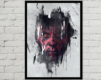 May include: Framed art print depicting a character with red skin and black markings. The artwork uses a splatter paint effect with black and white accents, creating a dramatic and intense visual. The print is framed in black.