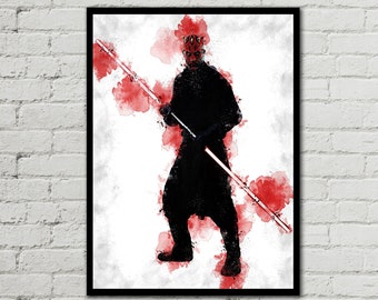May include: A watercolour painting of a character from Star Wars, Darth Maul, wielding a double-bladed lightsaber. The background is a red and white watercolour wash.