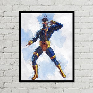 May include: A watercolor illustration of a superhero in a blue and yellow costume with a yellow mask. The superhero is standing with one hand covering their eye and the other hand raised in a fist. The background is a light blue watercolor wash.