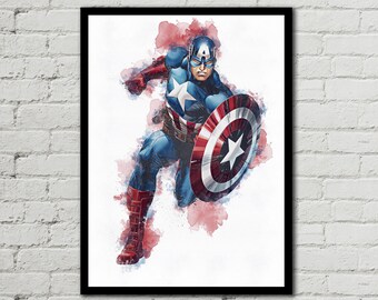 KAPTEN AMERIKA - Kapten Amerika-tryck - Marvel-affisch - Avengers-affisch - Akvarellkonst - Fläktkonst - Väggkonst - Utskrivbar konst - Heminredning