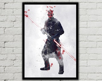 May include: A watercolour painting of a Star Wars character, Darth Maul, wielding a double-bladed lightsaber. The background is a white canvas with red splatters.