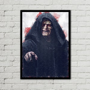 May include: A watercolor painting of Darth Sidious, a character from Star Wars, with a dark, hooded robe and a menacing expression. His eyes are glowing red, and his mouth is slightly open, as if he is about to speak.