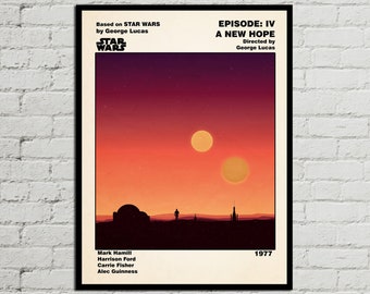May include: A vintage-style poster for Star Wars: Episode IV - A New Hope. The poster features a silhouette of the Death Star and the Millennium Falcon against a sunset backdrop with two suns. The text "Episode: IV A New Hope" is at the top of the poster, and the text "Based on STAR WARS by George Lucas" is at the top left. The text "STAR WARS" is in a large font at the top left. The text "Directed by George Lucas" is below the title. The text "Mark Hamill, Harrison Ford, Carrie Fisher, Alec Guinness" is at the bottom left. The text "1977" is at the bottom right.