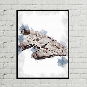May include: Framed watercolour print of the Millennium Falcon starship, set against a white and blue background. The artwork features the iconic spacecraft in shades of grey and red, with a black frame.