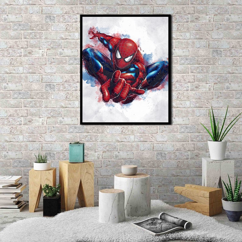 May include: A watercolor painting of Spider-Man in a red and blue suit, with a white background and blue and red splatters of paint.