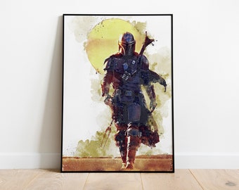 PLAKAT MANDALORIAN - Plakat Gwiezdnych Wojen - Wydruk Gwiezdnych Wojen - Plakat na płótnie - Wydruk Mandalorian - Boba Fett - Sztuka akwarelowa - Sztuka fanów - Sztuka ścienna