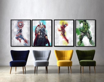 Marvel Avengers Poster Set - All 4 Poster Set - Captain America, Iron Man, Thor, Hulk - Canvas Poster  - Watercolor Art -Wall Art