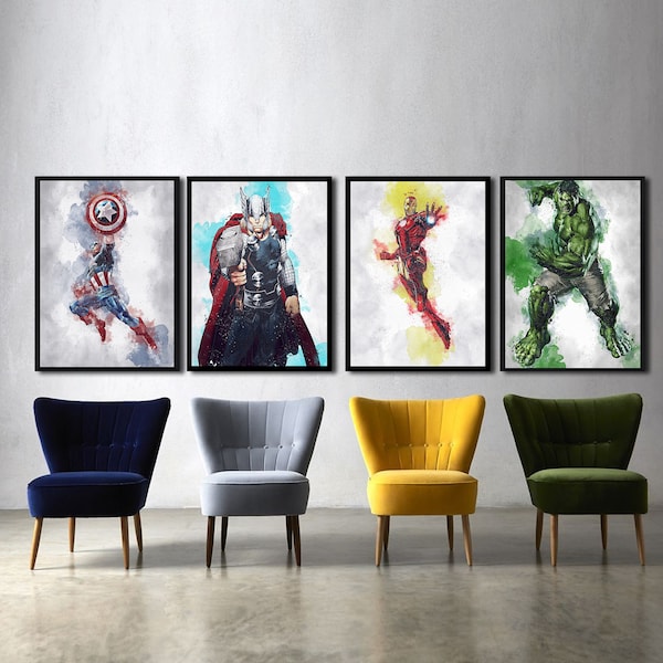 Marvel Avengers Poster Set - All 4 Poster Set - Captain America, Iron Man, Thor, Hulk - Canvas Poster  - Watercolor Art -Wall Art