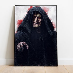 May include: A digital painting of a character from Star Wars, Darth Sidious, in a black robe with a red and white watercolour background.