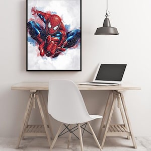 May include: A watercolor painting of Spider-Man in a red and blue suit, with a white background. The image is framed in a black frame.