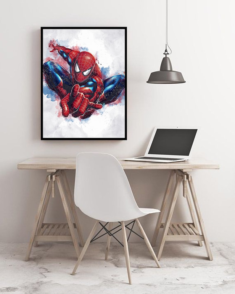 May include: A watercolor painting of Spider-Man in a red and blue suit, with a white background. The image is framed in a black frame.