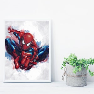 May include: A watercolor illustration of Spider-Man in a red and blue suit, with a white background.