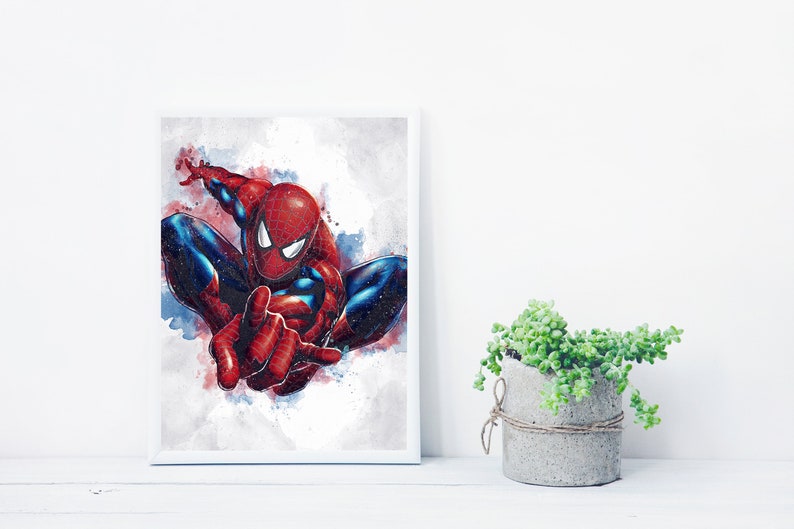 May include: A watercolor illustration of Spider-Man in a red and blue suit, with a white background.