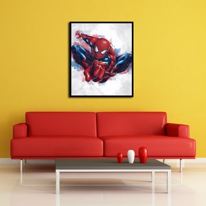 May include: A red and blue superhero, Spiderman, is shown in a dynamic pose, with a watercolor background. The image is framed in black.