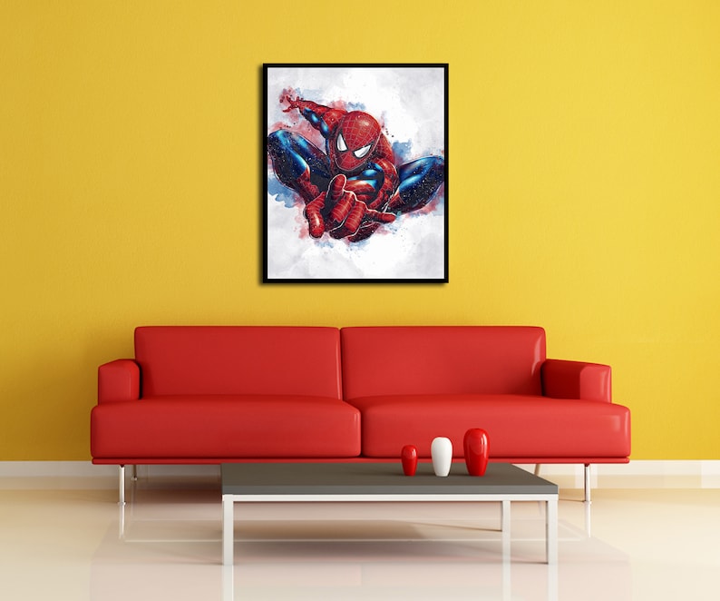 May include: A red and blue superhero, Spiderman, is shown in a dynamic pose, with a watercolor background. The image is framed in black.