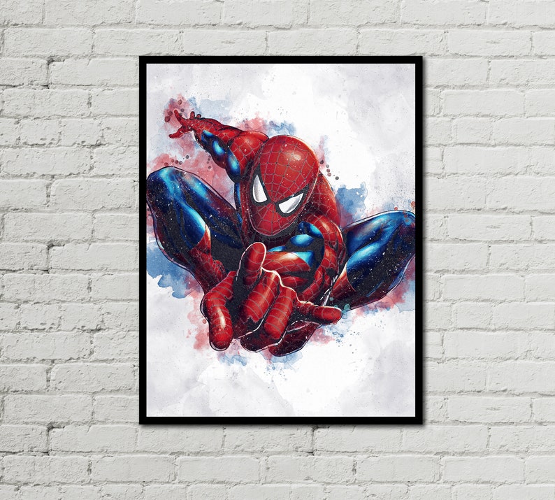 May include: A watercolor painting of Spiderman in a red and blue suit, with a white background. He is in mid-air, with his arms outstretched and his web shooters firing.