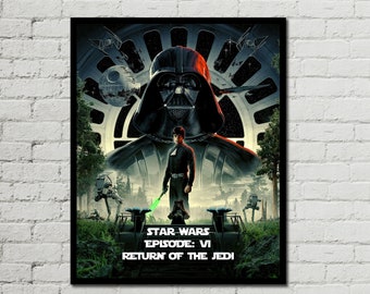 May include: A poster for Star Wars: Episode VI Return of the Jedi. The poster features Darth Vader, Luke Skywalker, and a green lightsaber. The background is a dark forest with a large, circular structure in the center.