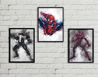 Conjunto de download digital do Homem-Aranha - Homem-Aranha, Venom, Carnificina - Conjunto de pôsteres de heróis e vilões da Marvel - Arte em aquarela - Arte de parede - Decoração de casa
