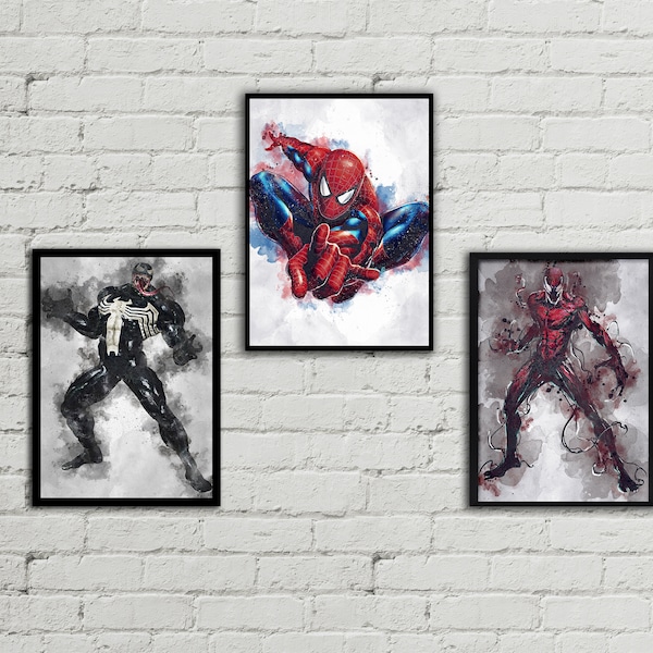 Spiderman Digital Download Set - Spiderman, Venom, Carnage - Marvel Heroes > Villano Poster Set - Arte de la acuarela - Arte de la pared - Decoración del hogar