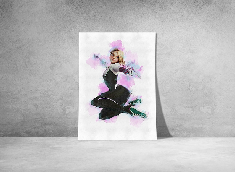 Pode incluir: Uma ilustra&ccedil;&atilde;o em aquarela de uma mulher com um terno preto e branco, com acentos de aquarela rosa e roxo. Ela est&aacute; em uma pose de super-her&oacute;i, com os bra&ccedil;os estendidos e as pernas dobradas. Ela est&aacute; usando t&ecirc;nis verde e branco.
