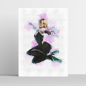Pode incluir: Uma ilustra&ccedil;&atilde;o digital de uma super-hero&iacute;na feminina em um traje preto e branco com detalhes vermelhos e azuis. Ela est&aacute; saltando no ar com os bra&ccedil;os estendidos. O fundo &eacute; uma aquarela rosa e roxa.