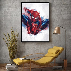 May include: A watercolor painting of Spiderman in a red and blue suit, with a white background. The image is framed in a black frame.