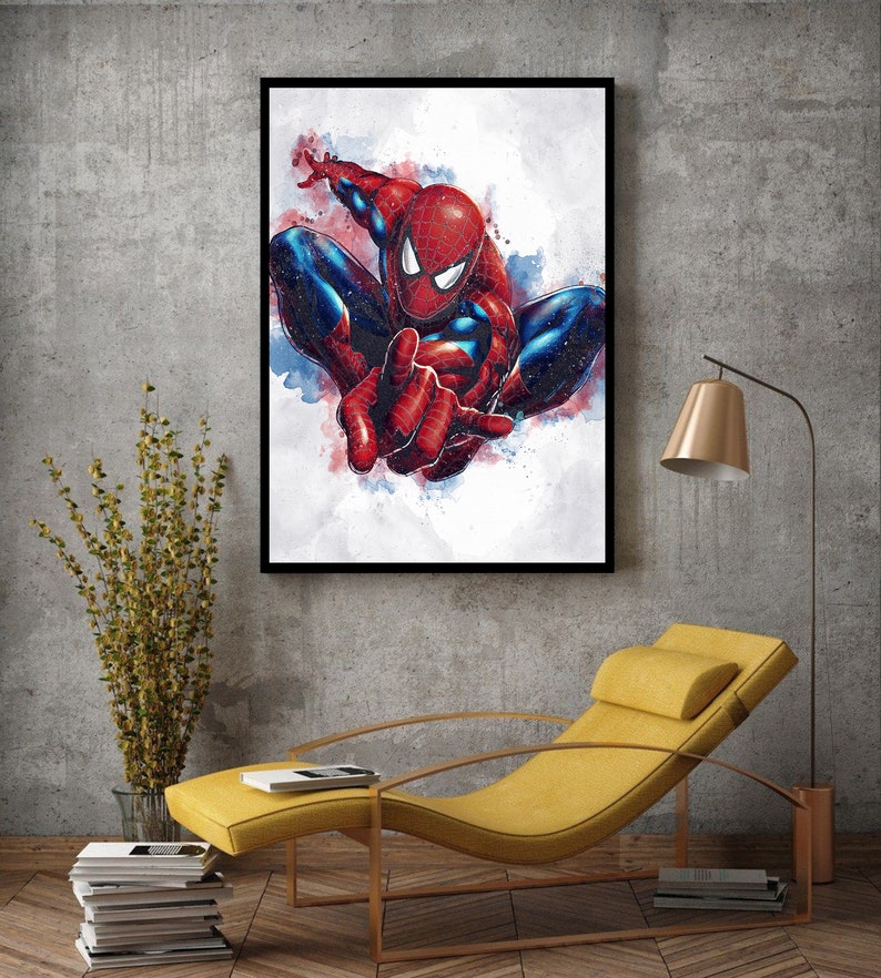 May include: A watercolor painting of Spiderman in a red and blue suit, with a white background. The image is framed in a black frame.