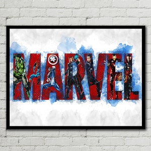 May include: A watercolour painting of the word "MARVEL" with various Marvel characters in front of it. The characters include Captain America, Iron Man, Thor, Hulk, Black Widow, and Spider-Man.