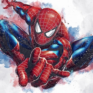 May include: A watercolor illustration of Spider-Man in a red and blue suit, with a white spider symbol on his chest, in a dynamic pose with his arms outstretched.