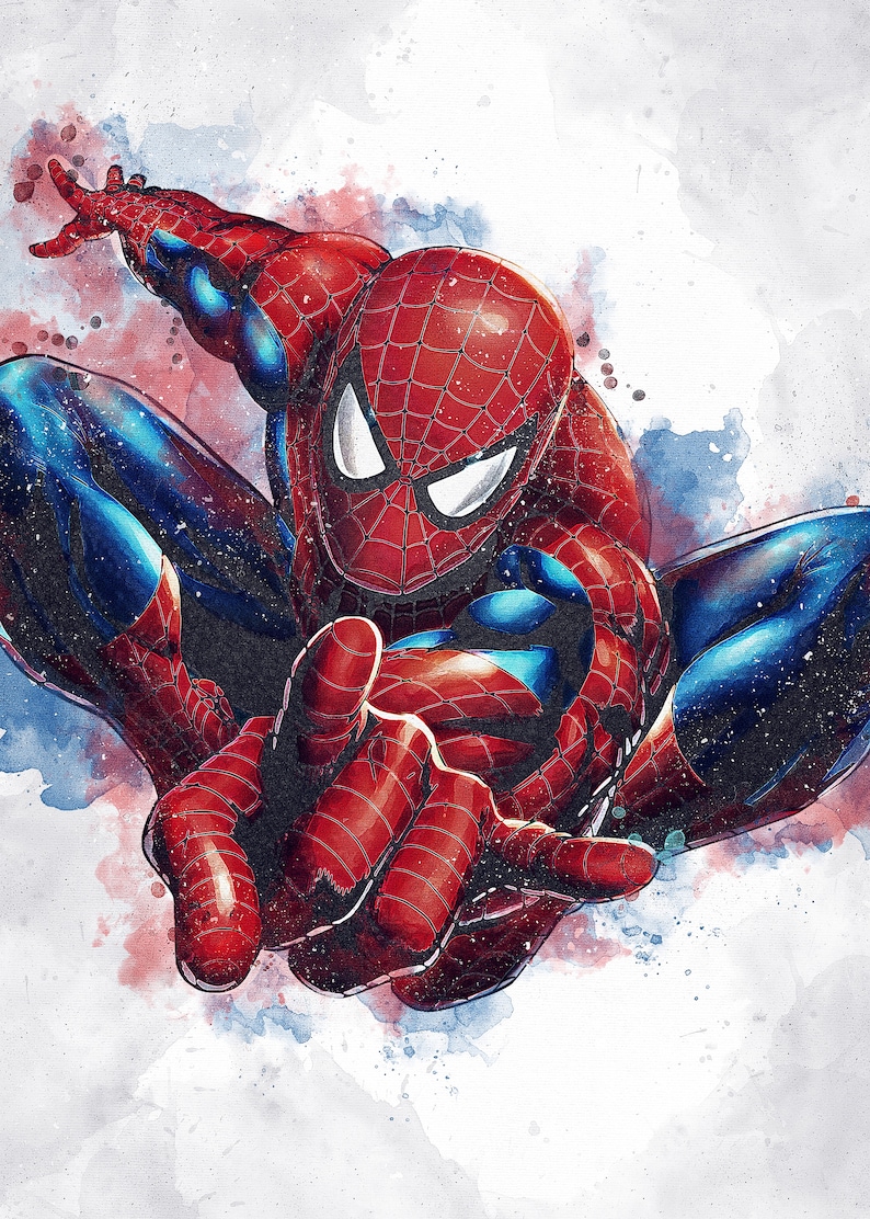 May include: A watercolor illustration of Spider-Man in a red and blue suit, with a white spider symbol on his chest, in a dynamic pose with his arms outstretched.