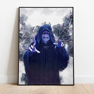 May include: A watercolour painting of a dark figure in a blue robe with a menacing expression. The figure is surrounded by swirling grey and blue clouds with red accents.
