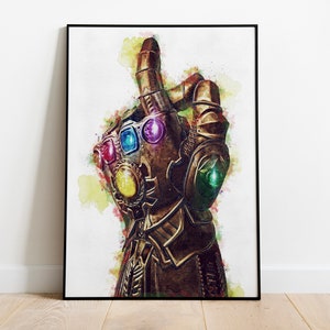 May include: A watercolor painting of a golden gauntlet with six infinity stones. The stones are red, blue, yellow, green, purple, and orange. The gauntlet is raised in a fist with the index finger extended.