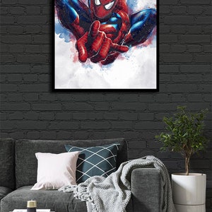 May include: A watercolor painting of Spider-Man in a red and blue suit, swinging through the air. The background is a white canvas with blue and red watercolor splatters.