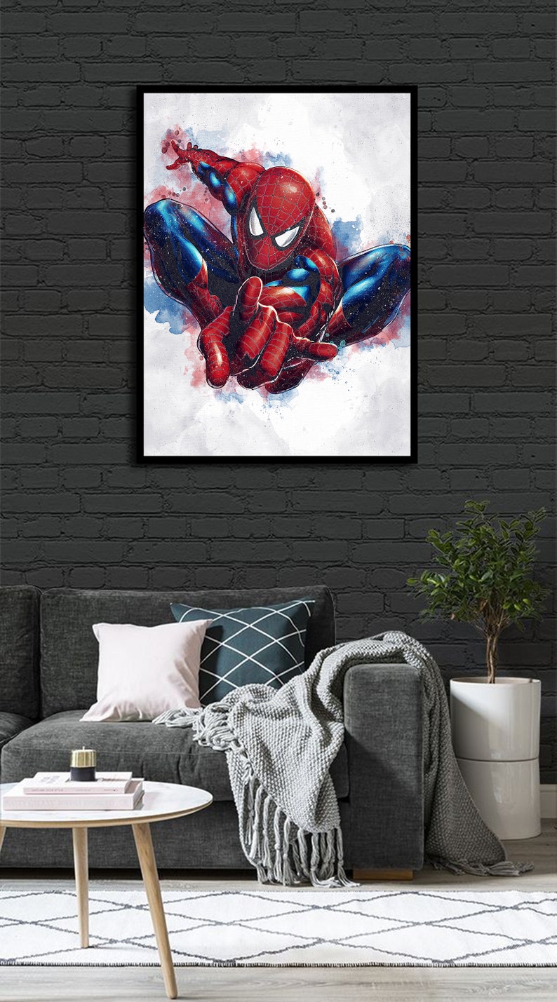 May include: A watercolor painting of Spider-Man in a red and blue suit, swinging through the air. The background is a white canvas with blue and red watercolor splatters.