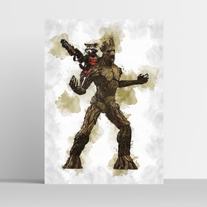 POSTER RACOON & GROOT - Pôster dos Guardiões da Galáxia - Pôster da Marvel - Impressão digital - Arte para impressão - Arte em aquarela - Arte para impressão