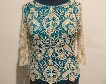 May include: A white crochet top with a delicate floral pattern. The top is semi-sheer and has a round neckline. It is displayed on a mannequin.
