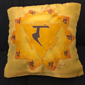 100% Silk  Habotai 8 Pillow case SOLAR PLEXUS CHAKRA -Hand made- yellow color - gutta technique