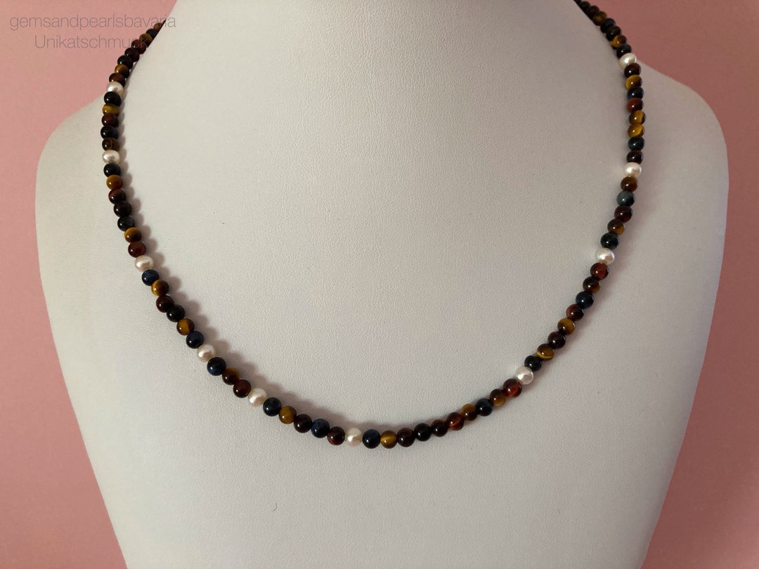 Men's Gemstone Necklace Tiger's Eye Cultured Pearls Etsy